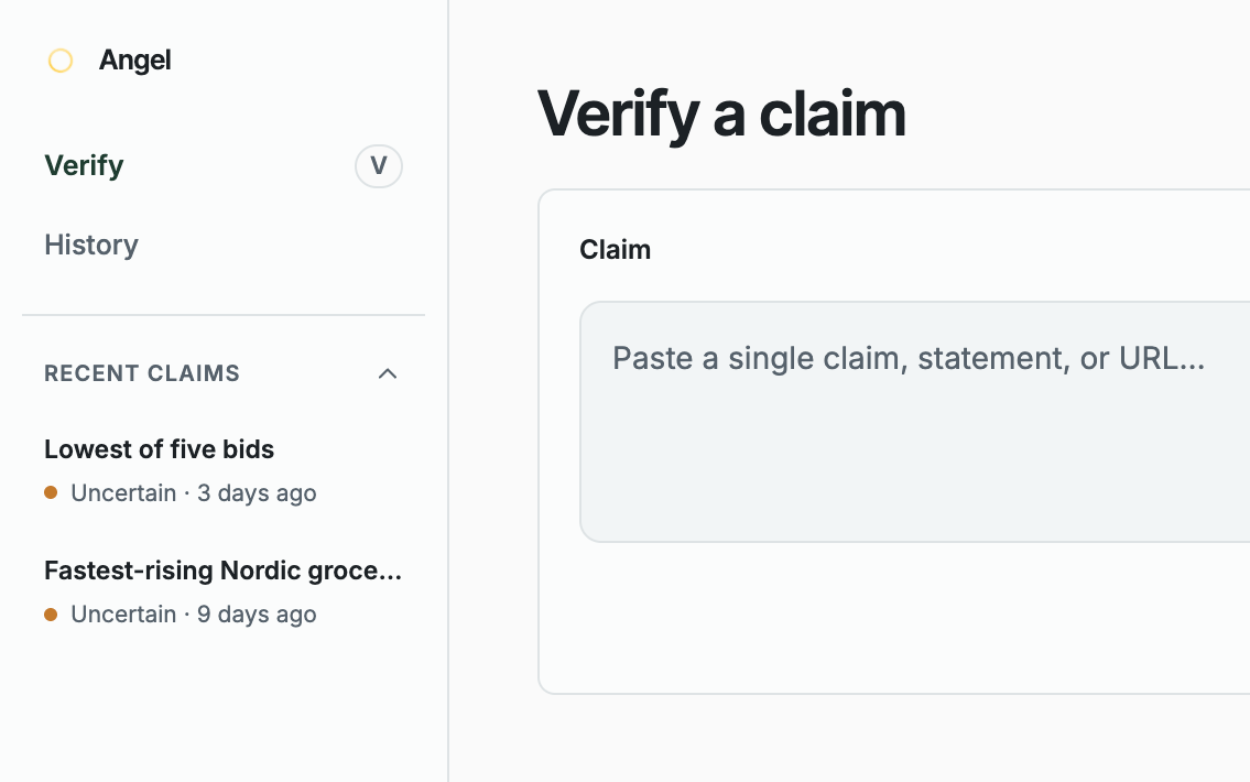Angel HQ verify screen with a claim composer and recent claims sidebar