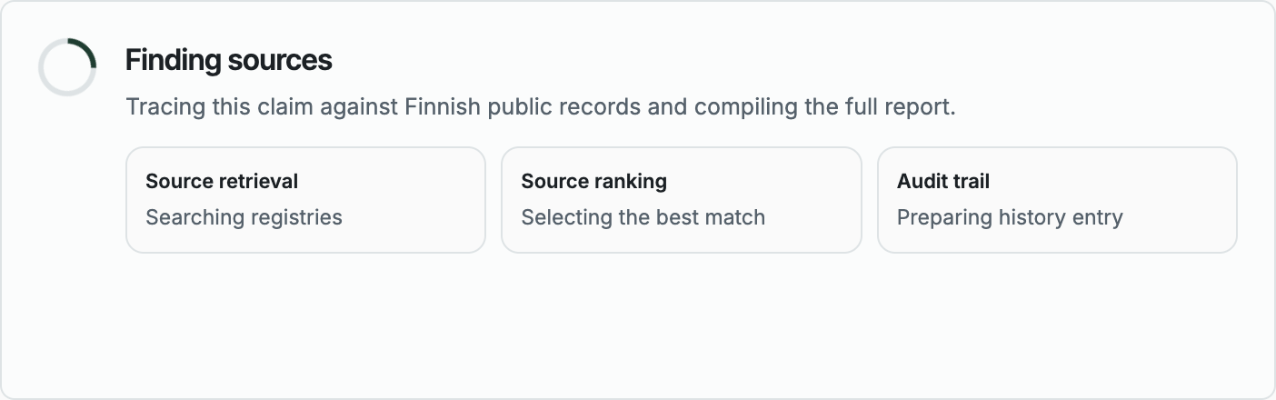 Angel loading state showing source retrieval, source ranking, and audit trail steps