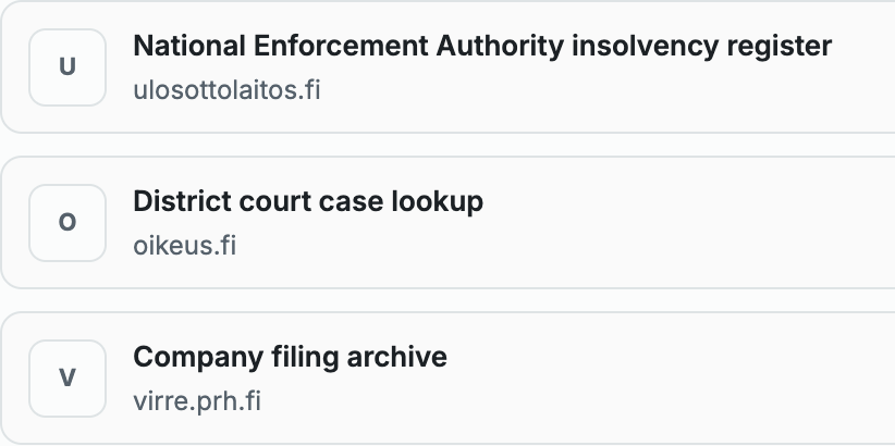 List of Finnish public record sources including insolvency, court, and company filing records